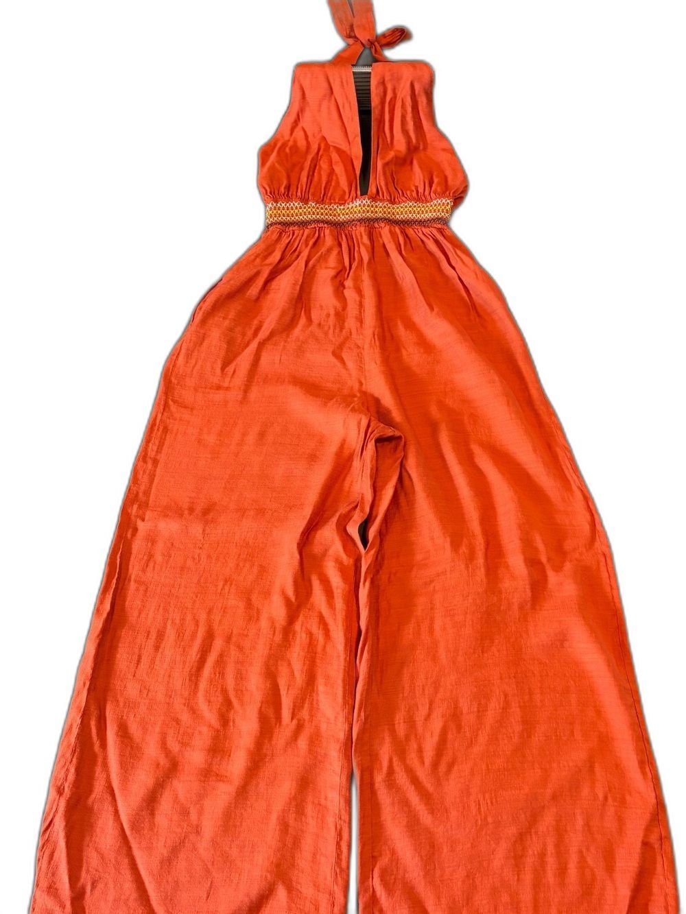 Women’s Wide-Leg Ankle Length Jumpsuit Smocked Halter Top XS ( Waist 24") Orange